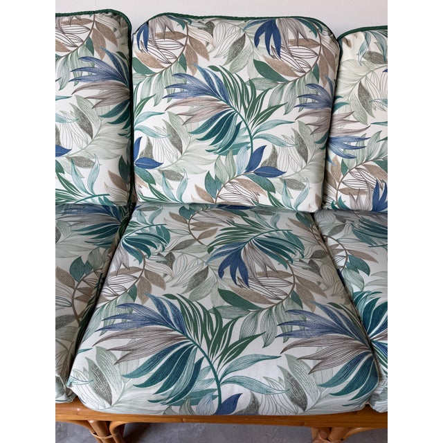 Brown Vintage Ficks Reed Style Bamboo Rattan Sofa With Floral Print Upholstery/ Sold For Sale - Image 8 of 12