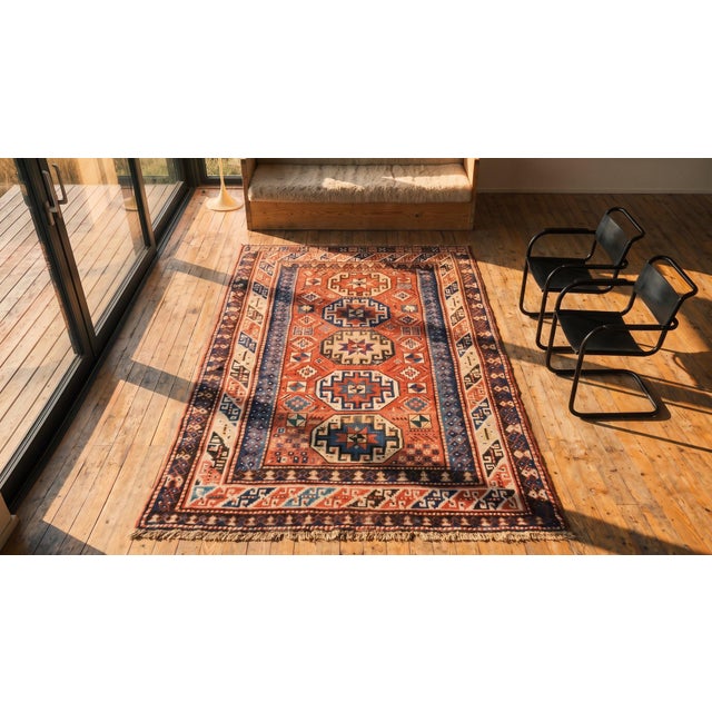 Red 1900s Red Geometric Antique Caucasian Kazak Rug 4'4" X 8'0" Knotted Pile Wool Carpet For Sale - Image 8 of 8