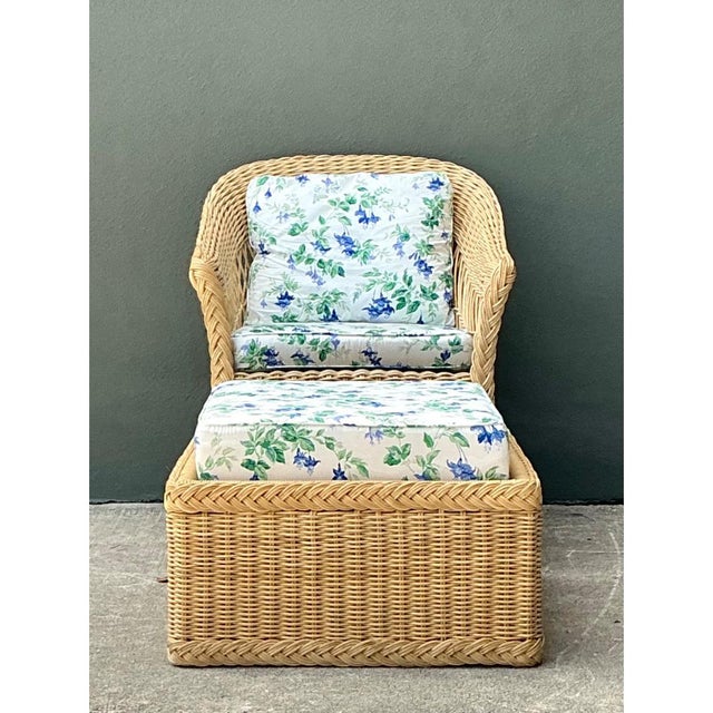 Vintage Woven Rattan Chair and Ottoman in Schumacher “Garden Gate” For Sale - Image 15 of 15
