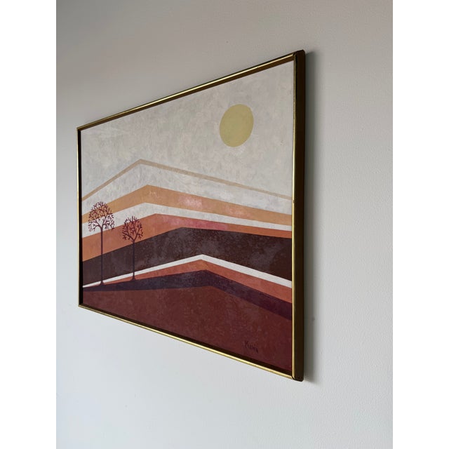 1980's Vintage Postmodern Geometric Landscape Oil Painting on Canvas, Framed For Sale - Image 4 of 12