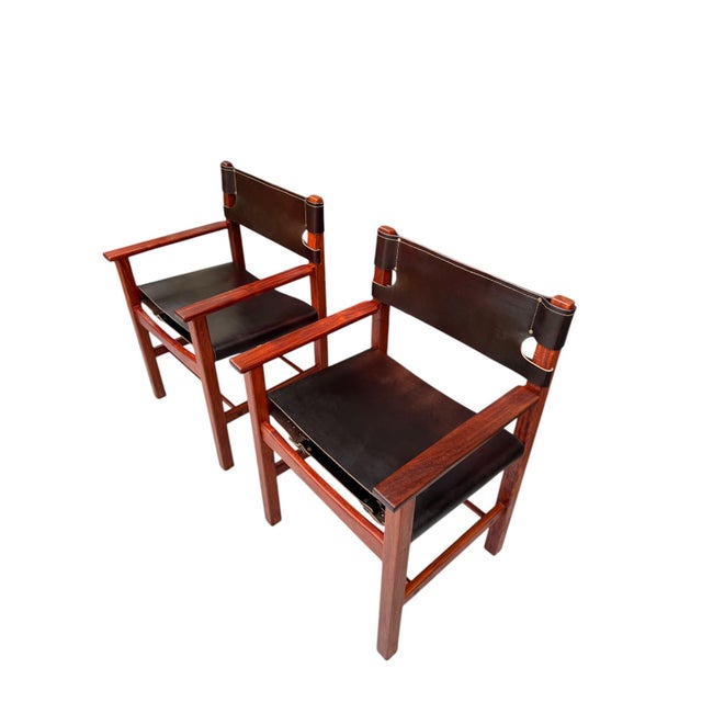 Wood Late 20th Century Pair of Vintage Mid-Century Modern Leather and Wood Spanish/Safari Style Armchairs by Ligna For Sale - Image 7 of 11