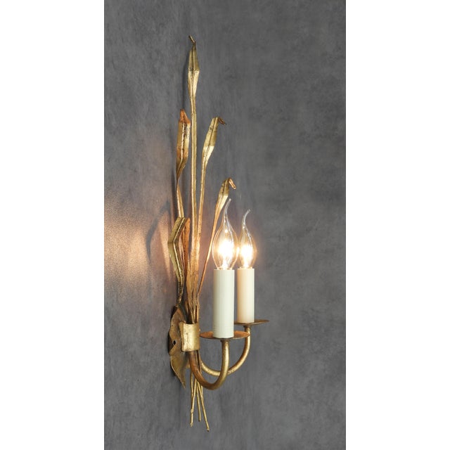 Spanish Gilt Ferrocolor Tole Wheat Sheaf Wall Sconces, 1950, Set of 2 For Sale - Image 9 of 11