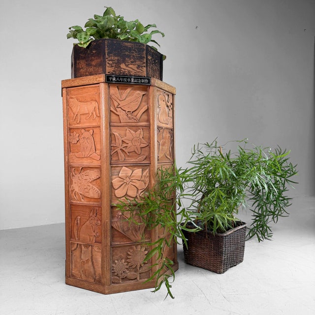 Striking Japanese kadai, a tall wooden plant stand or decorative display pedestal, made as a commemorative graduation...