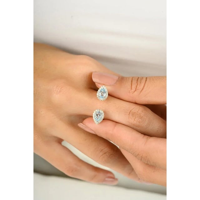 Two Pear Shaped Blue Topaz Halo Diamond Open Ring Size 6.5 For Sale - Image 4 of 9