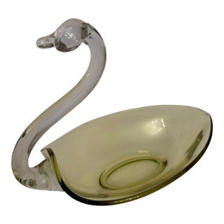 1950s Mid-Century Modern Duncan & Miller Hand Blown Glass Yellow Swan Candy Dish For Sale