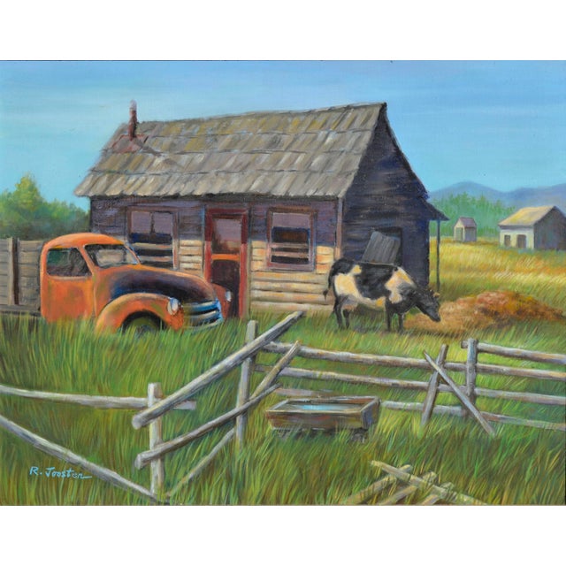 A charming painting of a sunny day at an old farmstead with cows by California artist Ralph Edward Joosten (American,...