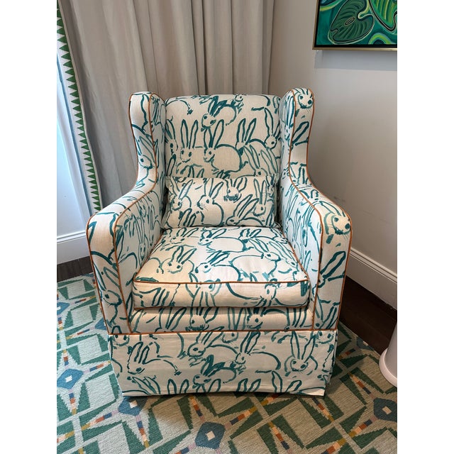 Custom Glide / Swivel Rocker with Hunt Slonem for Lee Jofa "Hutch print" fabric from Groundworks in Turquoise with Samuel...