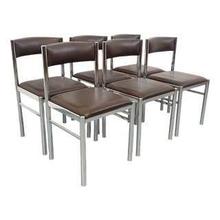 Vintage Chairs in Chromed Metal and Brown Imitation Leather, 1970s, Set of 6 For Sale