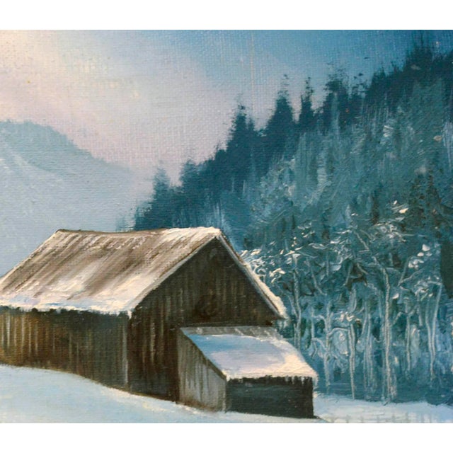 Snowy Farm - Vintage Winter Cabin Landscape For Sale - Image 4 of 7
