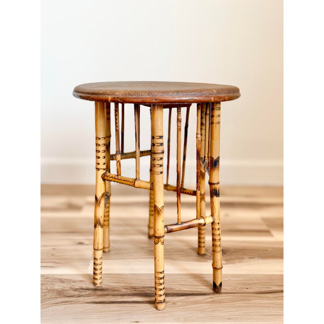 Late 19th Century Antique English Tortoiseshell Bamboo Side Table, Woven Rush Top For Sale - Image 5 of 12
