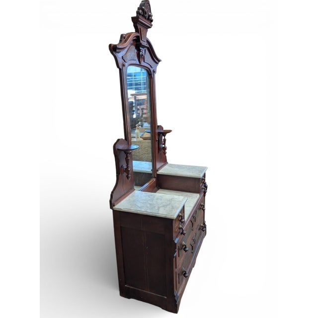 Victorian 1880s Eastlake Walnut & Burl Walnut Marble Top Mirrored Dresser by w.j. Heney & Co. For Sale - Image 3 of 11