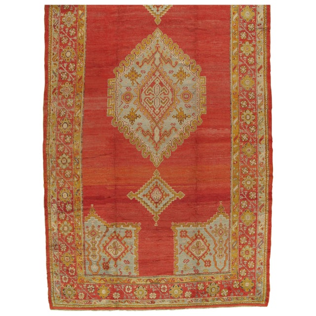 Textile Antique Turkish Oushak Rug, Handmade Wool Oriental Rug in Coral and Lt Blue For Sale - Image 7 of 17