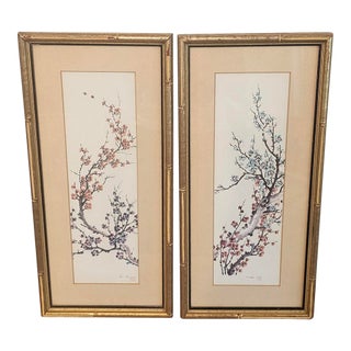 Gorgeous Pair of Silk Chinese Paintings With Gilt Faux Bamboo Frames For Sale