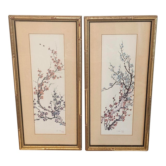 Gorgeous Pair of Silk Chinese Paintings With Gilt Faux Bamboo Frames For Sale