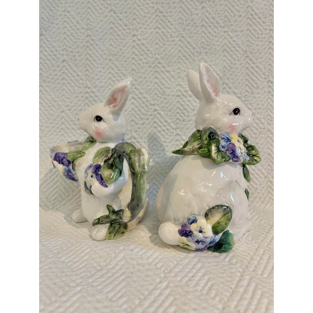 Figurative Late 20th Century Porcelain Bunny Rabbit Creamer and Sugar With Blue and Green Florals For Sale - Image 3 of 7