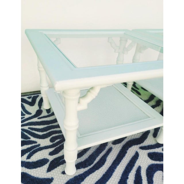 Vintage Mersman Faux Bamboo Cane Palm Beach White Glass Top Side Tables- a Pair For Sale In West Palm - Image 6 of 11