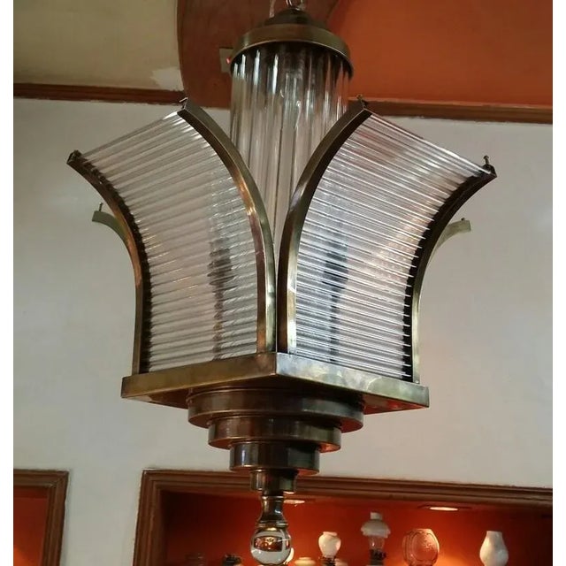 Metal Vintage Art Deco Skyscraper Rod Ship Chandelier Fixture in Brass & Glass For Sale - Image 7 of 7