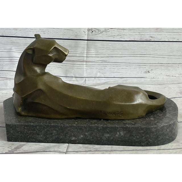 Henry Moore Handcrafted Henry Moore Mountain Lion Bronze Sculpture Marble Base Figurine For Sale - Image 4 of 10