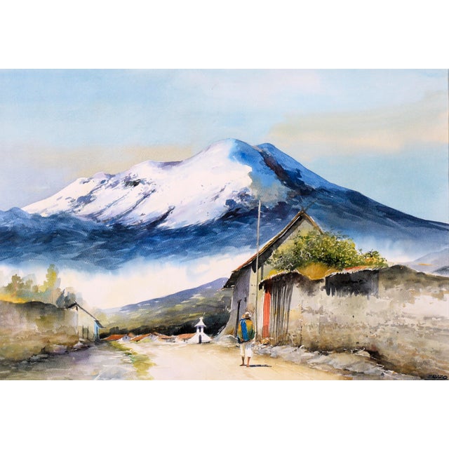 Impressionist Village at the Base of the Andes Mountains - Watercolor Landscape on Paper by Erazo For Sale - Image 3 of 6