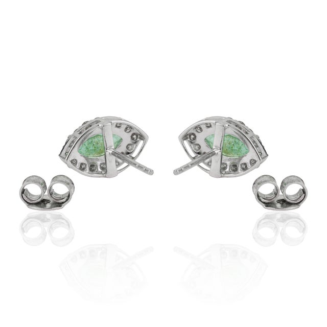 Metal Vintage Inspired 1.8 Ct Natural Marquise Emerald & Diamond Stud Earrings 2 Pieces For Sale - Image 7 of 12