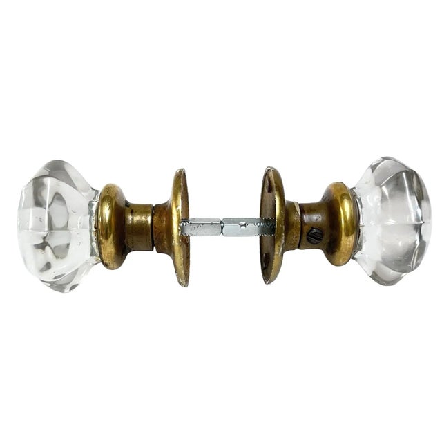 Art Deco Early 1900s American Glass Knobs With Cast Brass Rosettes - A Pair For Sale - Image 3 of 8