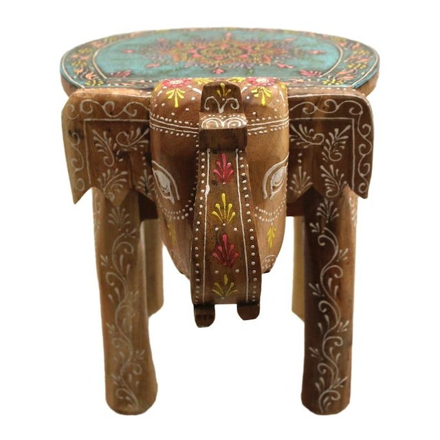 Green Elephant Stool Mango Wood Handmade With Mandala Painting Plant Stool Decoration For Sale - Image 8 of 10