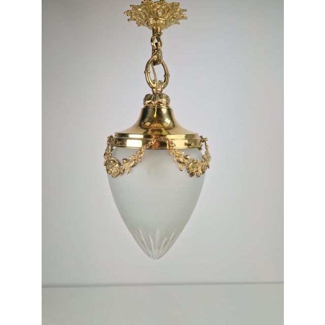 Gold Vintage French Brass Ceiling Lamp with Sanded Glass Shade, 1950s For Sale - Image 8 of 13