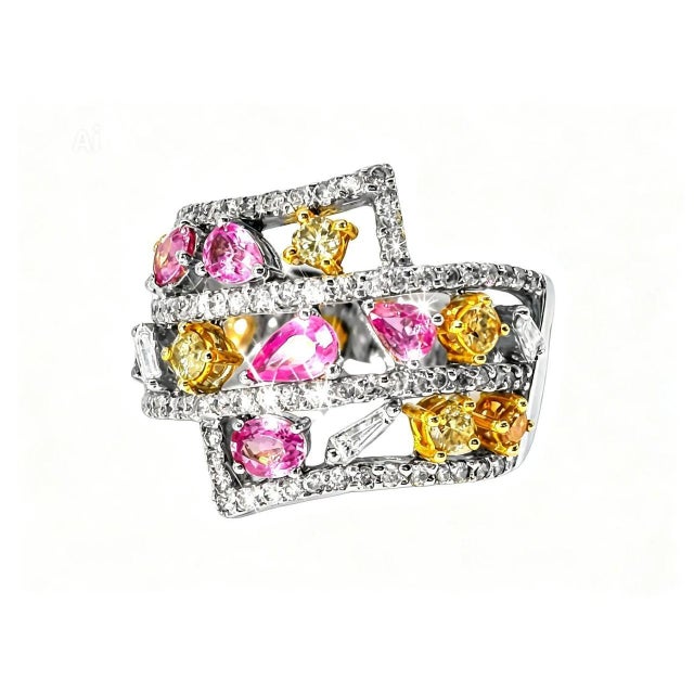 Mid 20th Century 14k White Gold Diamond Multi Color Sapphire Band Ring Estate, Size 7.25 For Sale - Image 4 of 4