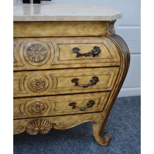 Wood Marble Top Chest French Baroque Style Bombay Commode Carved 3 Drawer 90's For Sale - Image 10 of 18