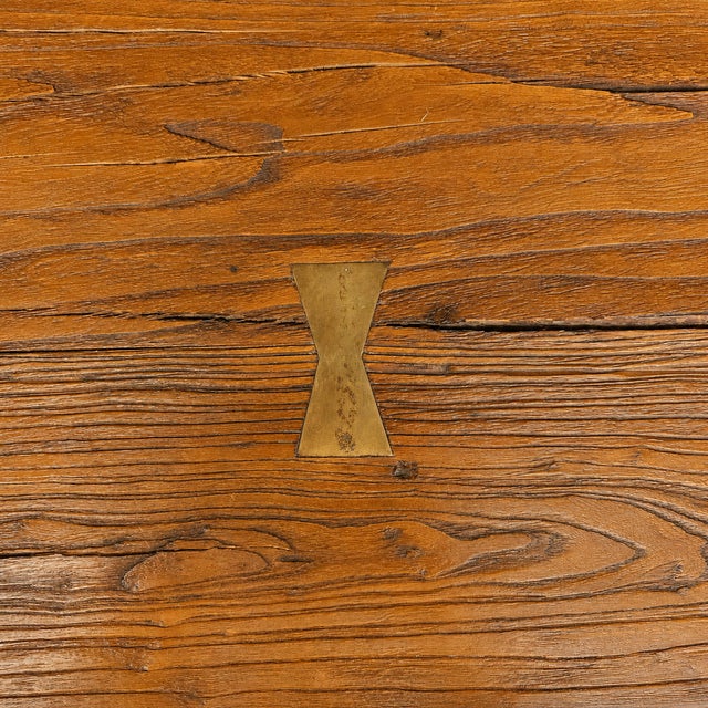 Brown Belgian Style 1970s Reclaimed Wood Console Table With Brass Butterfly Key Inlays For Sale - Image 8 of 8