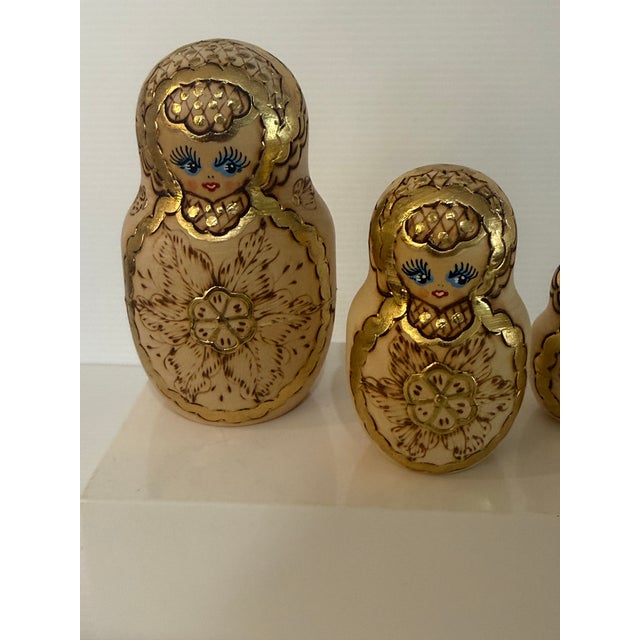 Signed Soviet Russian Matryoshka Nesting Doll Set W/ Pyrography Decor 6.25” Tall For Sale - Image 12 of 12