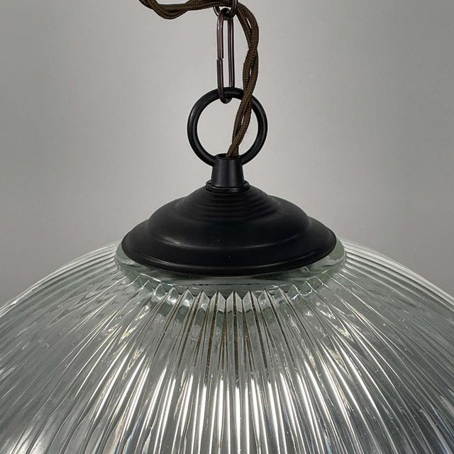 Metal Art Deco Industrial Glass Pendant Lamp from Holophane, France, 1930s For Sale - Image 7 of 17