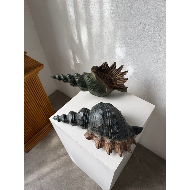 Vintage Polychrome Carved Wooden Seashells, 1950, Set of 2 For Sale - Image 3 of 18