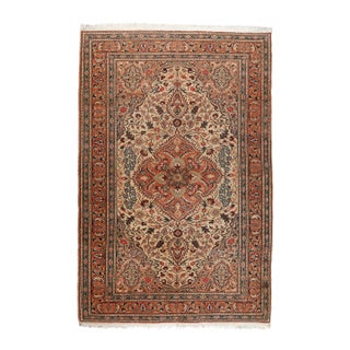 Vintage Turkish Hand Knotted Area Rug With Central Floral Medallion -4' X 6' For Sale