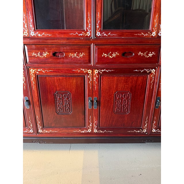 Vintage Chinese Rosewood Mother-of-Pearl Inlaid China Cabinet – 2 Pieces For Sale - Image 9 of 18