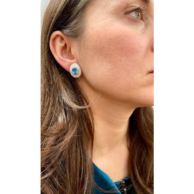 5 Carat Oval Shape Blue Topaz and Diamond Omega Back Clip Earring 14 Karat Gold For Sale - Image 9 of 18