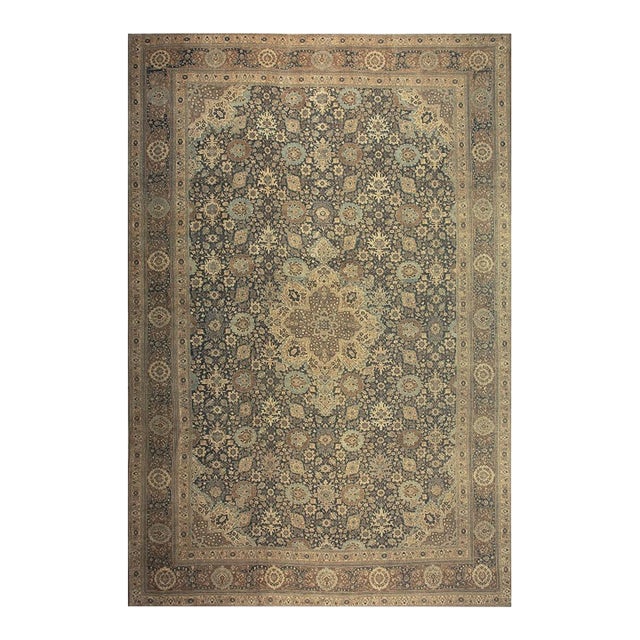 1880s Antique Allover Arabesque Medallion Navy Woven Wool Persian Tabriz Rug For Sale
