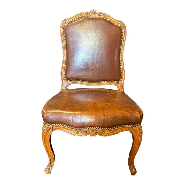 Antique French Louis XV Tobacco Brown Leather Walnut Side Chair For Sale