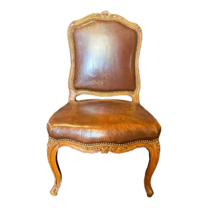 Antique French Louis XV Tobacco Brown Leather Walnut Side Chair