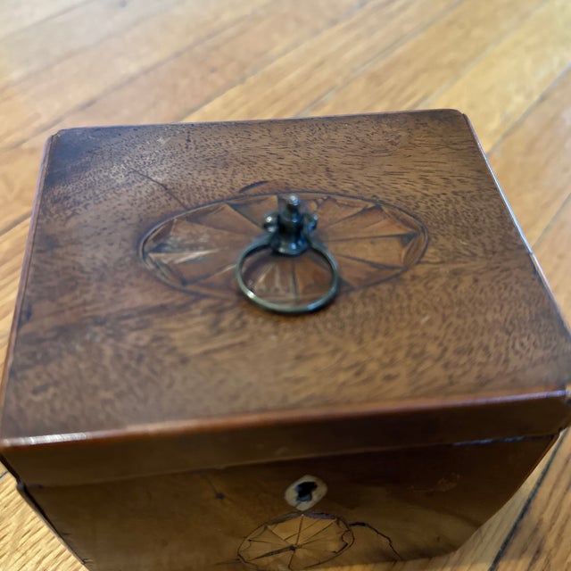 American Antique Wooden Inlaid Tea Caddy / Lock Box Small Lid, Lined For Sale - Image 3 of 11