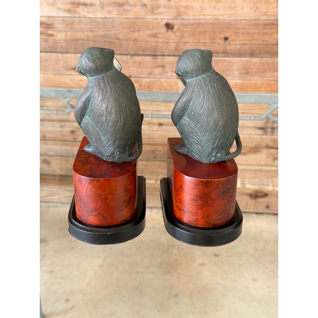 1990s Vintage Maitland-Smith Style Bronze Patina Monkey Bookends on Burl Wood Bases – Pair For Sale - Image 5 of 12