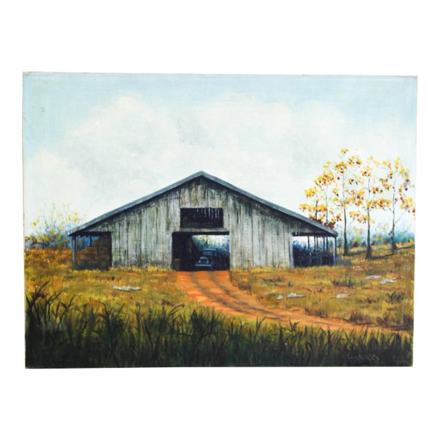 Barn Landscape Oil on Canvas For Sale
