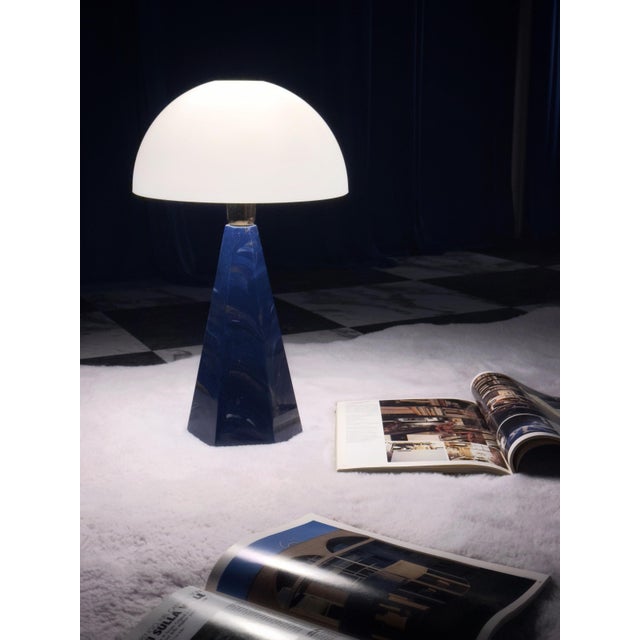 Postmodern Art Deco Revival Italian Prisma Table Lamps in Blue Marble and Opal Glass, 1990s, Set of 2, in Flawless...