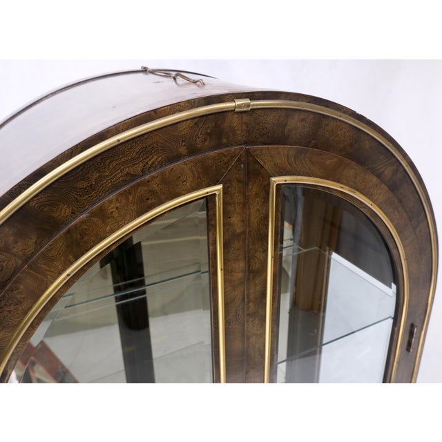 Pair Mastercraft Dome Shape Burl Wood Curio Display Cabinets w Shelves Lights For Sale - Image 17 of 18