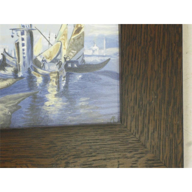 1990s Harbor Scenic Hand-Painted Tile Plaque Oak Framed Arts Crafts Richard Freiwald For Sale - Image 12 of 12