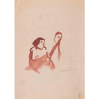 Mino Maccari, The Couple, Mixed Media on Paper, 1940s For Sale
