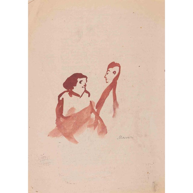 Mino Maccari, The Couple, Mixed Media on Paper, 1940s For Sale