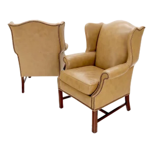 Tall Tan Leather Wing Chairs on Solid Mahogany Stretcher Base - A Pair