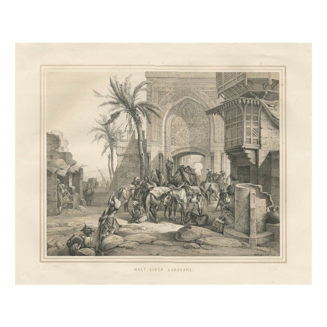 Orientalist Caravan at Rest City Gate Scene, 1846, Paper For Sale