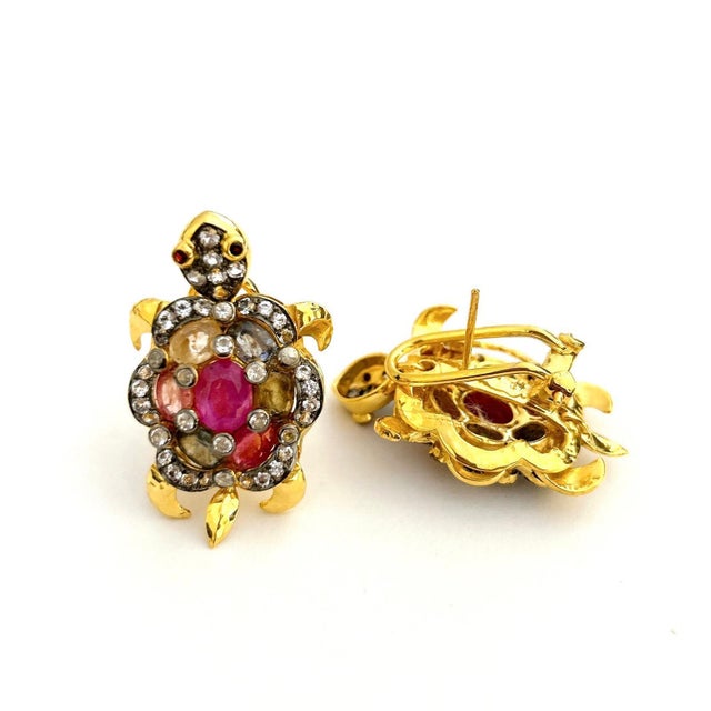 Bochic "Orient" Vintage Ruby & Fancy Sapphire Turtle Earrings 18K Gold & Silver For Sale In New York - Image 6 of 18
